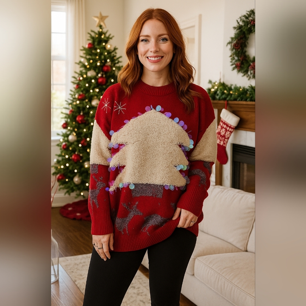 Oversized Sequin Shag Teddy Christmas Tree Reindeer Knit Long Sleeve Sweater Top